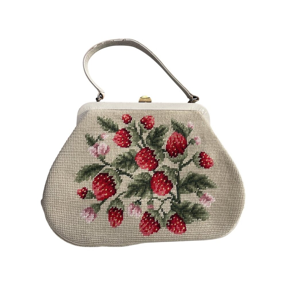 60s Vintage Needlepoint Strawberry Bag 10x13.5 Canvas Ivory Red Gold Mid Century